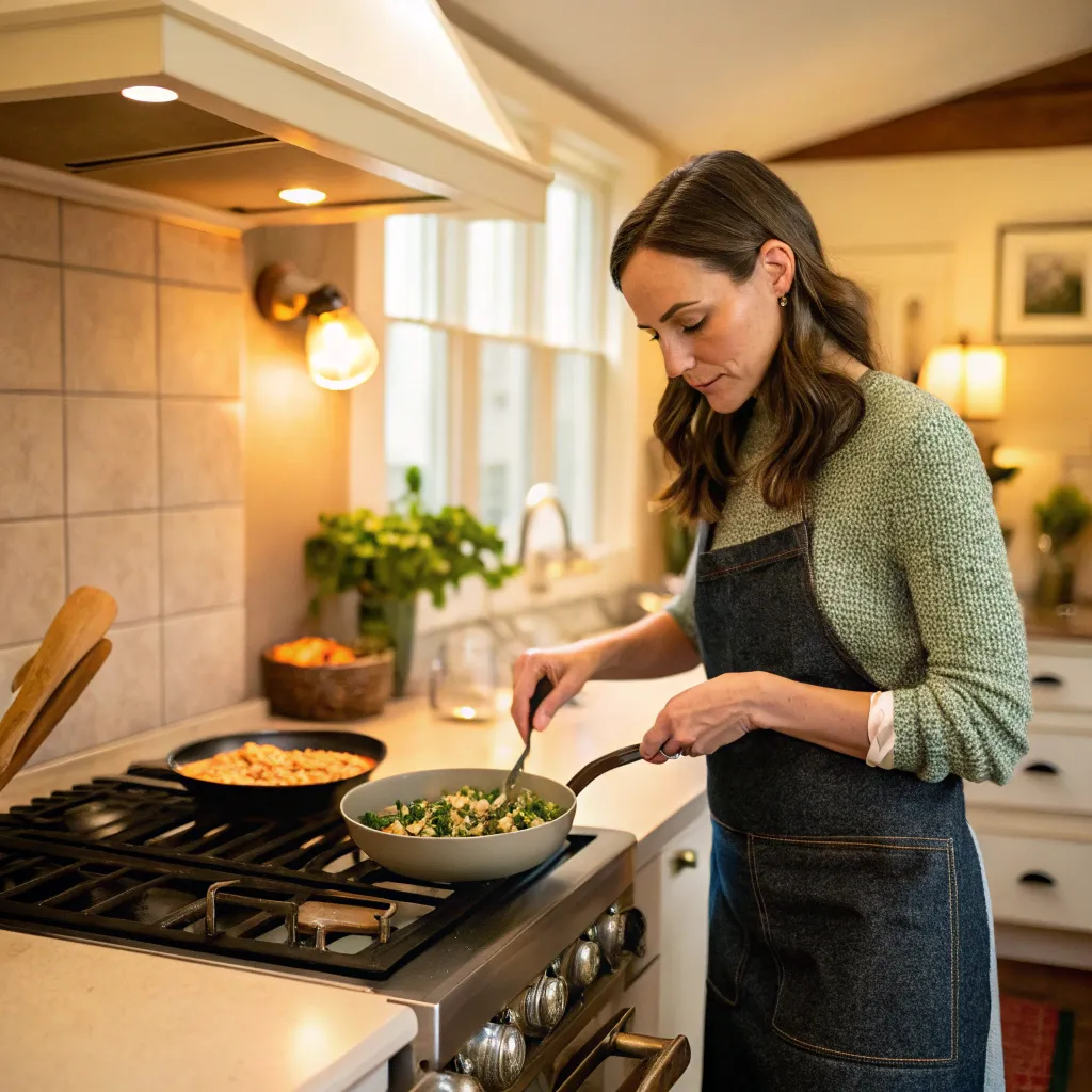 Emily Thompson cooking in her kitchen