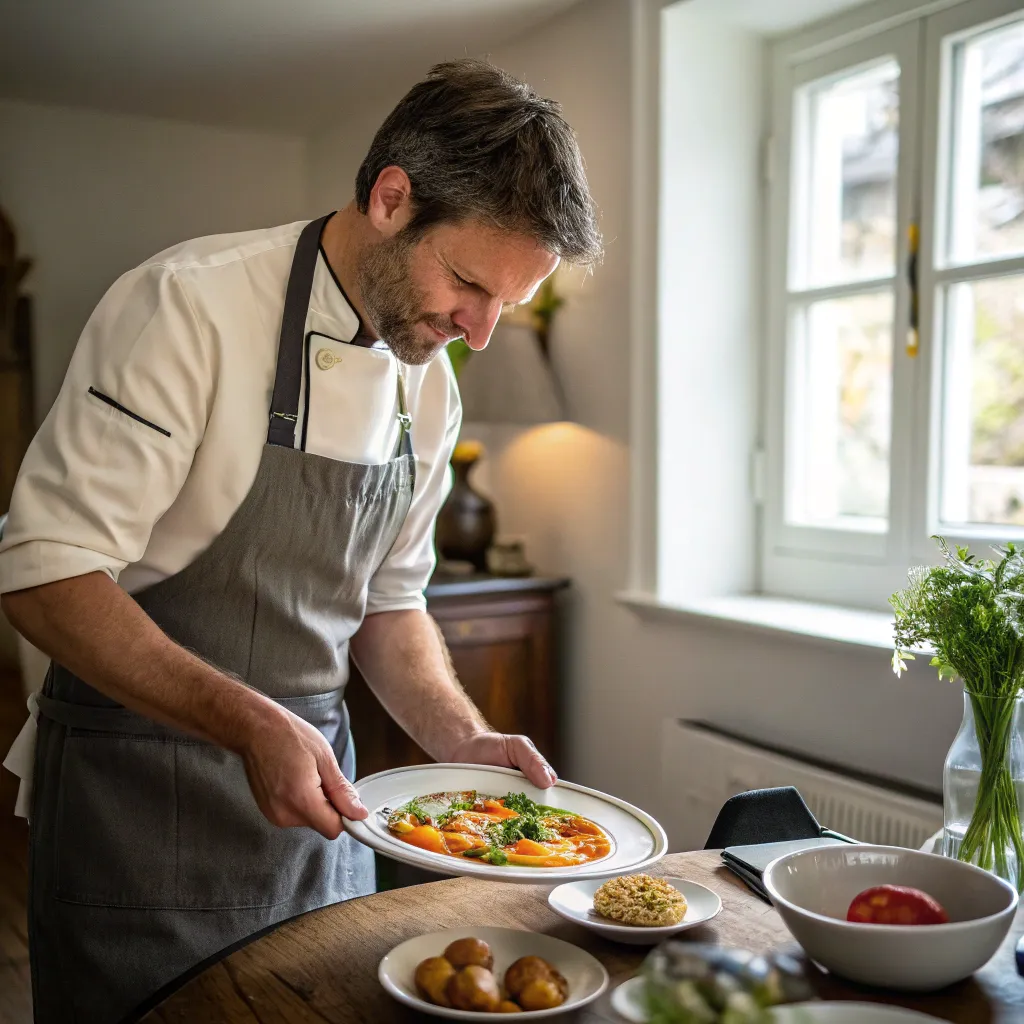 Oliver Bennett serving a French dish at his kitchen table